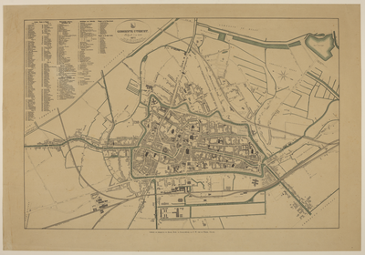 217326 Plattegrond van de stad Utrecht, met aanduiding van de straten en bruggen en een lijst van belangrijke gebouwen.